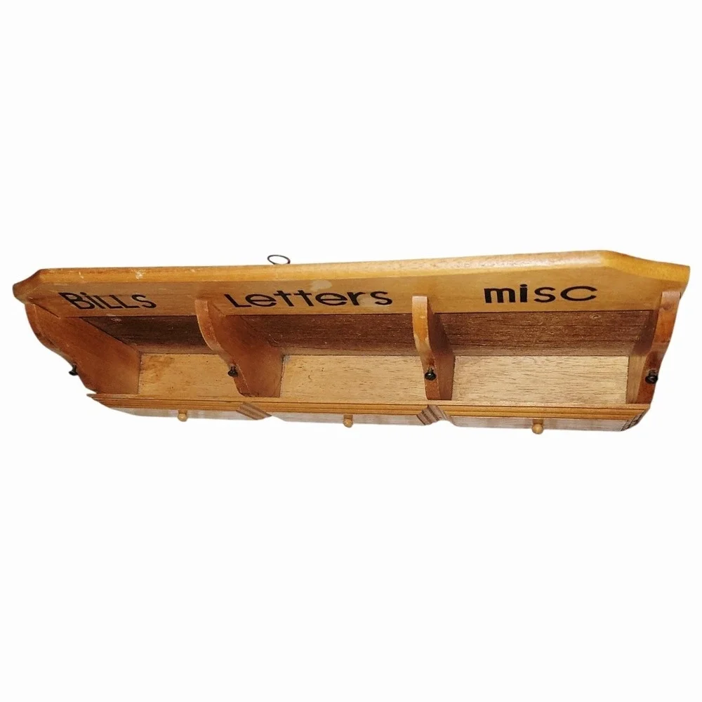 Vintage Wood Wall Mail Organizer Bills Letters Misc 3 Slot Hanging Holder